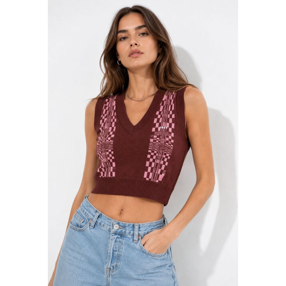 Obey Melissa Checkered Knit Sweater Vest Y2K Retro Skater Surfer Cropped Top S